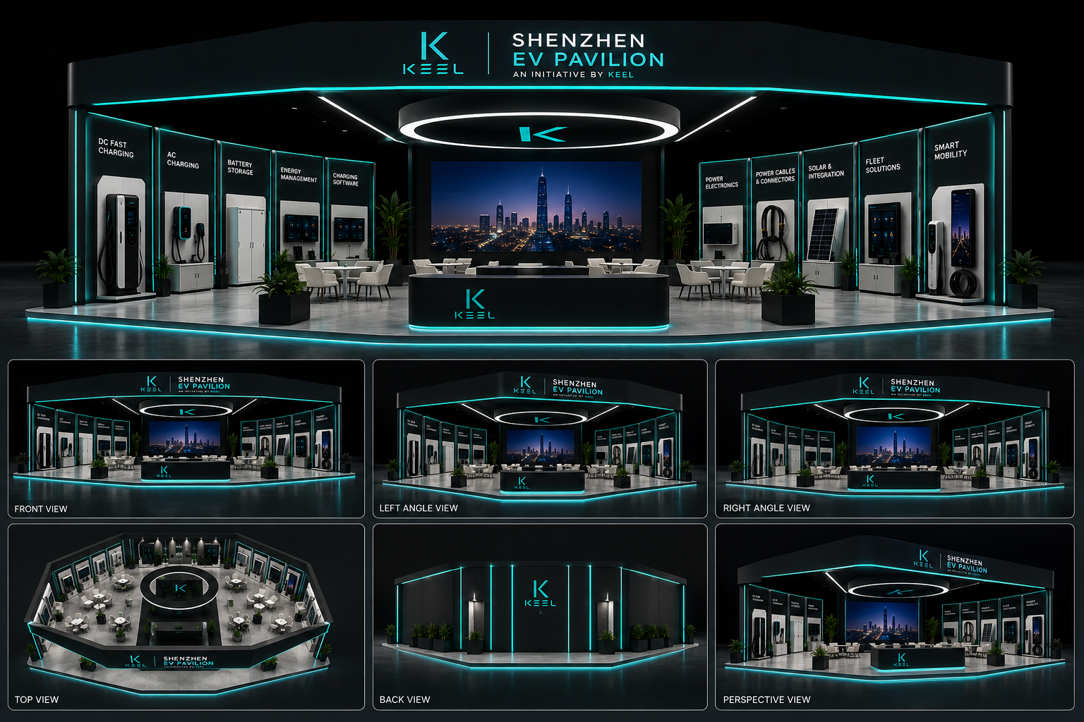 KEEL Shenzhen EV Pavilion — full booth design with front, angle, top, back, and perspective views